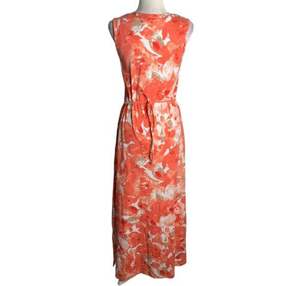 Denim Co Sleeveless Maxi Dress XXS Orange Floral V Neck Waist Tie Stretch - Picture 4 of 6